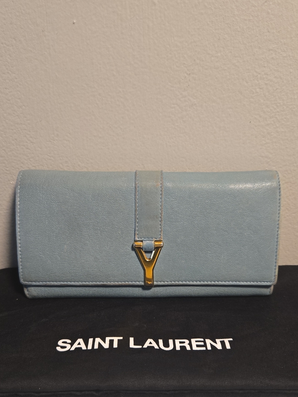Saint Laurent Light Blue Leather Wallet with Gold Y Detail